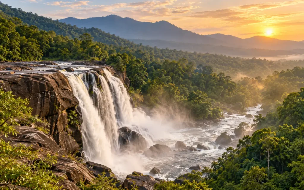 Athirapally Waterfalls plunging into a forested gorge