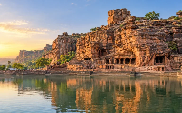 Red sandstone Badami cave temples above Agastya Lake