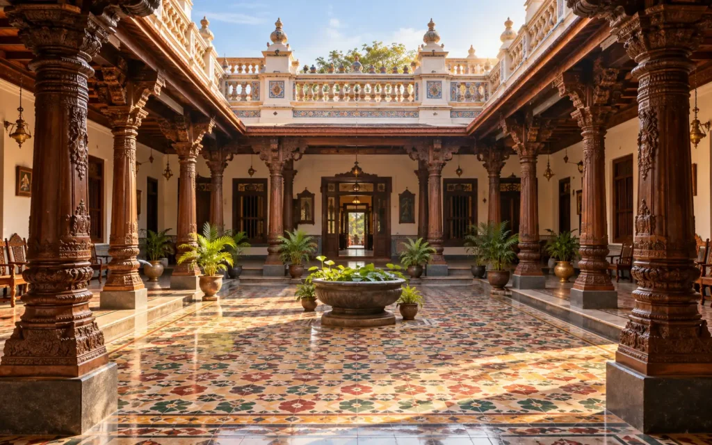 Ornate courtyard with carved pillars and Athangudi tiles in a Chettinad mansion