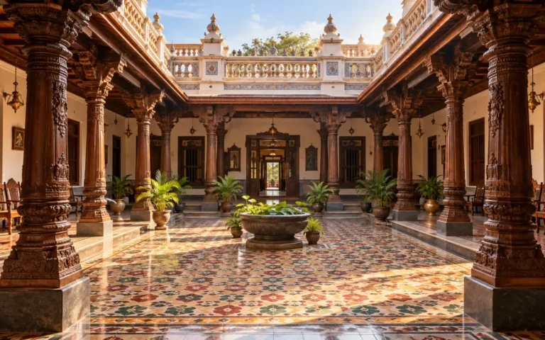Ornate courtyard with carved pillars and Athangudi tiles in a Chettinad mansion