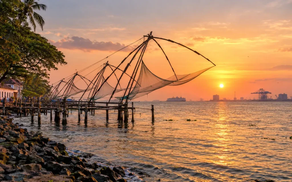 Chinese fishing nets on the Fort Kochi waterfront at sunrise