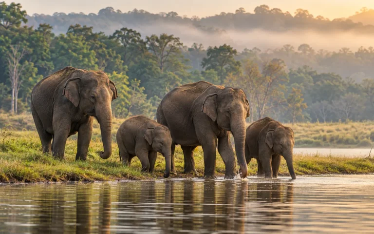 Wild elephants at the edge of the Kabini River, part of our kabini 2 days tour package