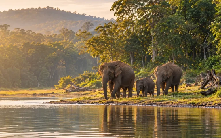 Wild Asian elephants at the Kabini River shoreline