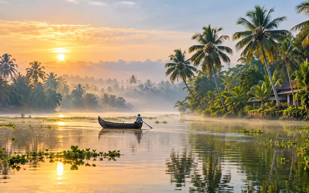 Country boat on the misty backwaters near Kottayam