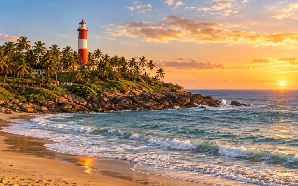 Vizhinjam lighthouse above the palm-fringed Kovalam beach