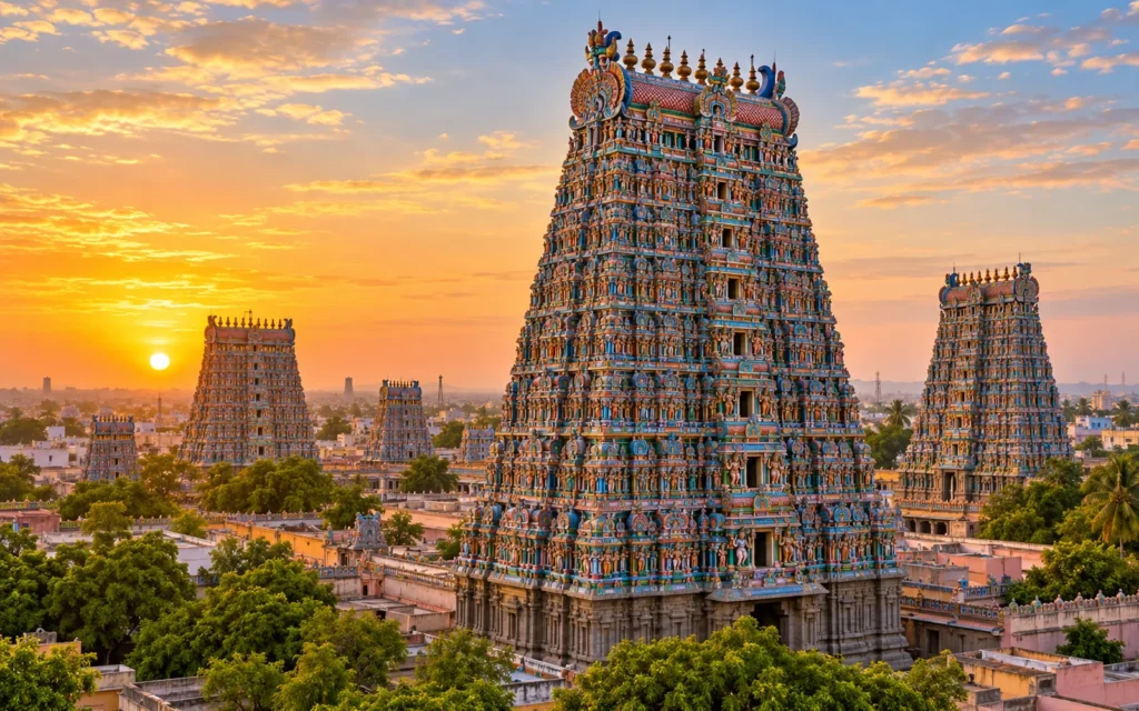 Meenakshi Amman Temple towers in Madurai at sunset, part of our madurai 2 days tour package