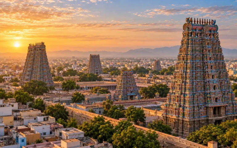 Meenakshi Amman Temple towers above Madurai at dawn
