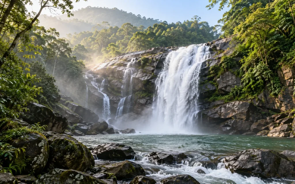 Lakkam Waterfalls surrounded by the lush Western Ghats near Munnar, part of our munnar 2 days tour package
