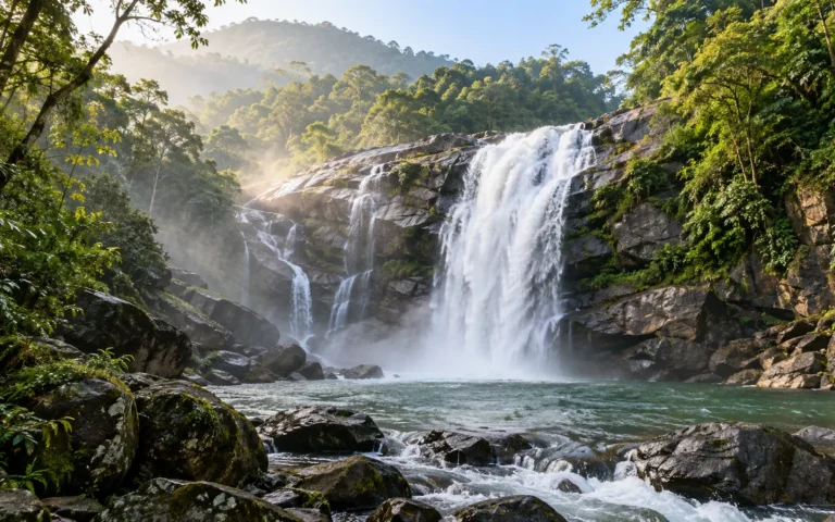Lakkam Waterfalls surrounded by the lush Western Ghats near Munnar, part of our munnar 2 days tour package