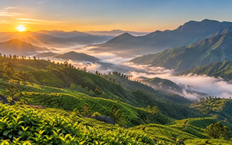 Tea-covered mountain valleys viewed from Top Station in Munnar, part of our munnar 3 days tour package