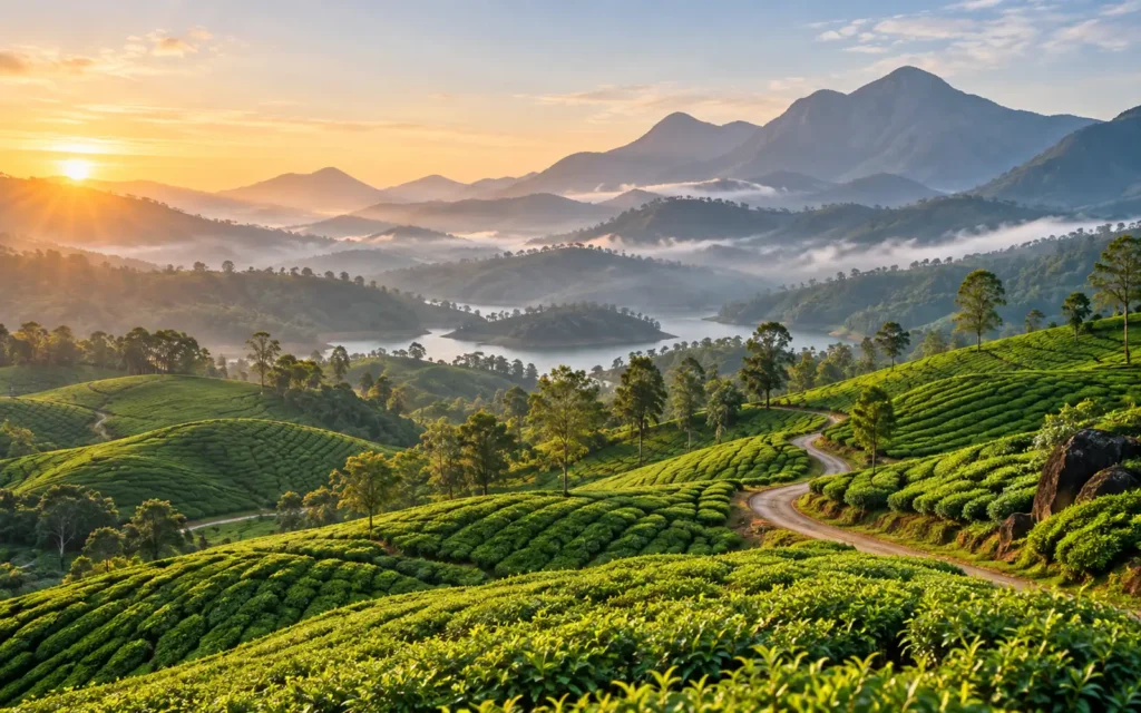 Munnar tea plantations across the misty Western Ghats