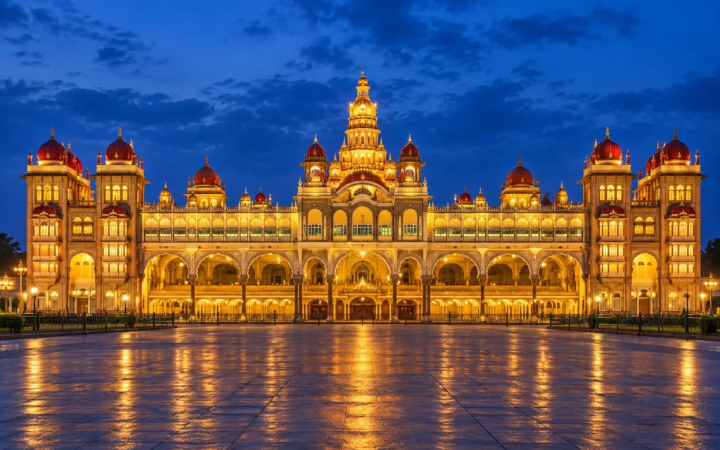 Mysore Palace illuminated against the evening sky, part of our mysore 2 days tour package