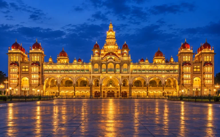 Mysore Palace illuminated against the evening sky, part of our mysore 2 days tour package