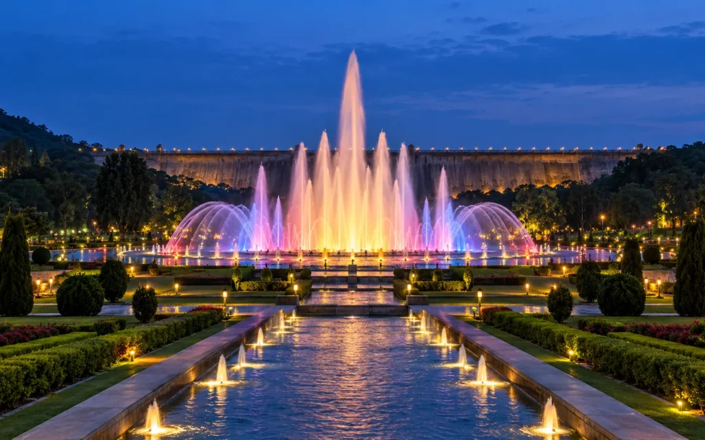 Illuminated musical fountains at Brindavan Gardens near Mysore, part of our mysore one day trip from coimbatore