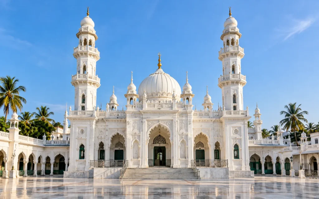 White facade and tall minarets of Nagore Dargah