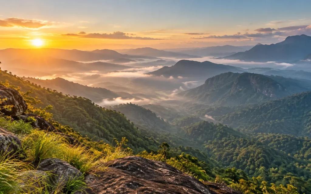 Misty mountain valleys viewed from Seetharkundu in Nelliyampathy, part of our nelliyampathy 3 days tour package