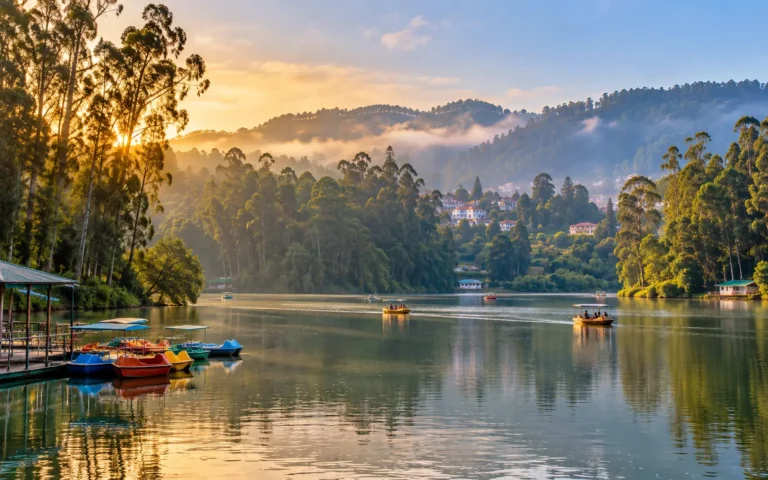 Ooty Lake with boats and eucalyptus-covered hills