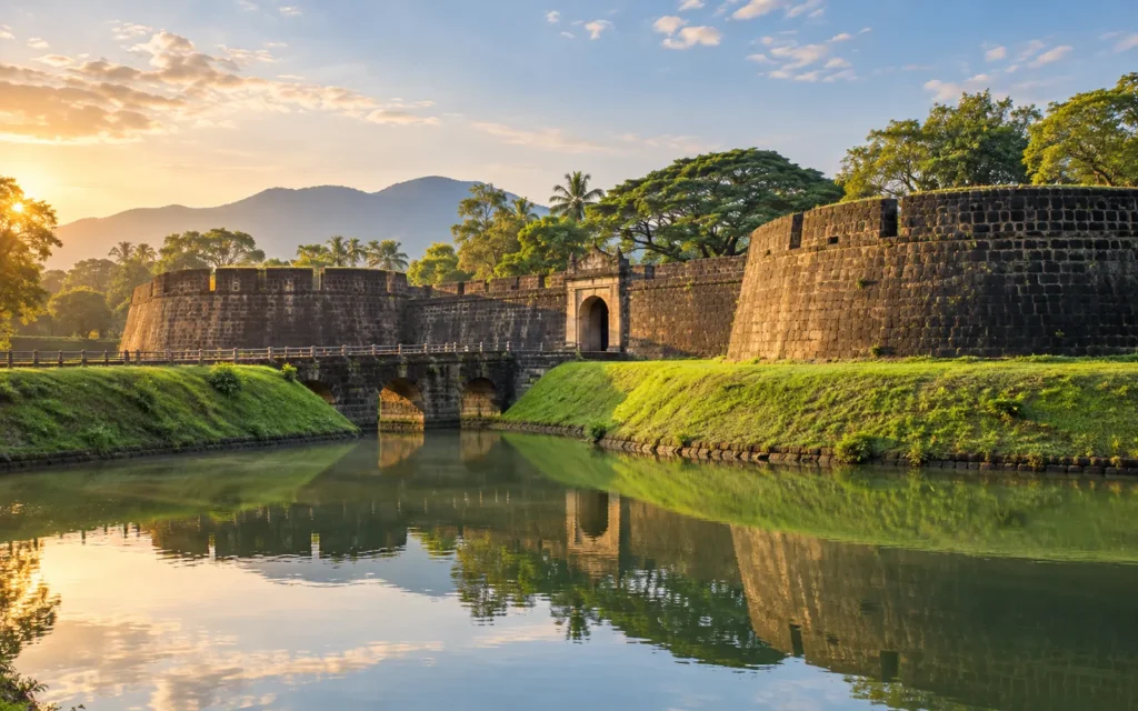 Historic Palakkad Fort reflected in its green moat
