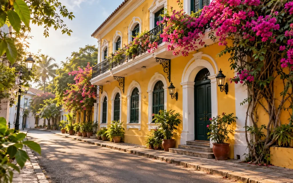 Yellow colonial facade on a quiet French Quarter street in Pondicherry