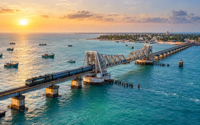 Pamban railway bridge crossing the sea to Rameswaram