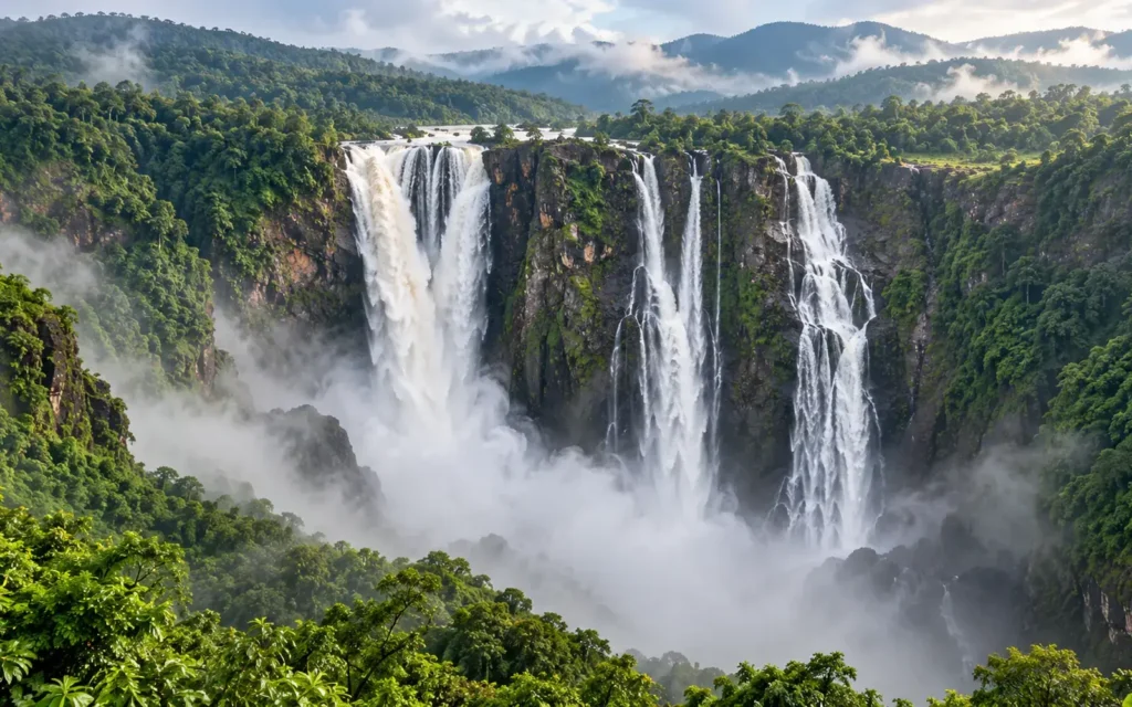 Jog Falls plunging into its forested gorge near Shimoga