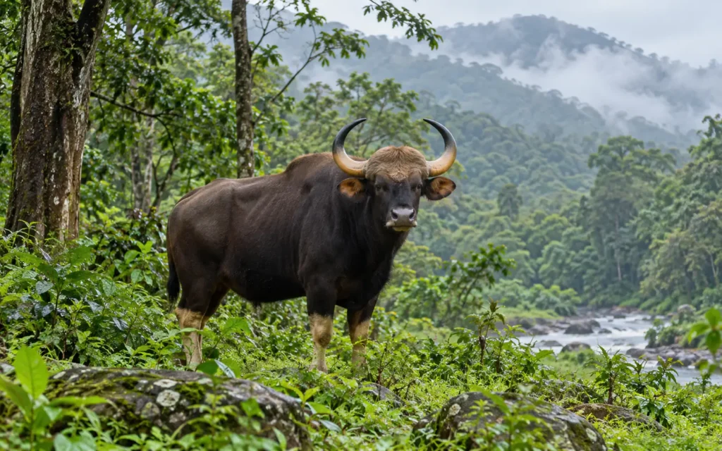 Indian gaur in the rain-washed Anamalai forest at Topslip