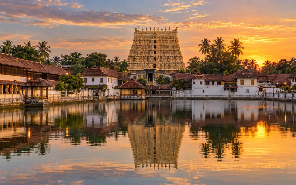 Padmanabhaswamy Temple gopuram reflected in Padma Theertham, Trivandrum
