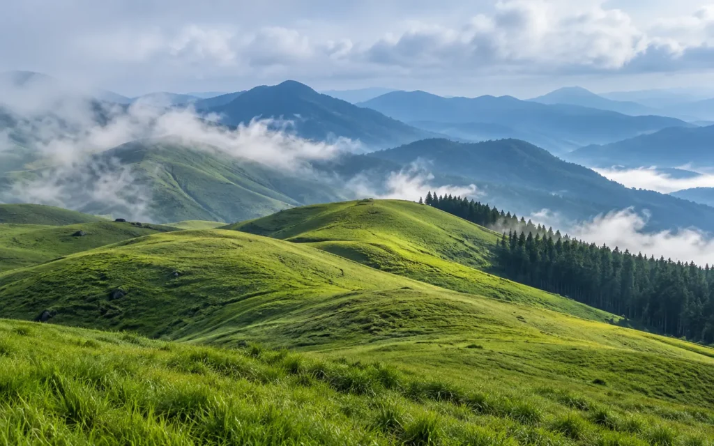 Rolling grass meadows and pine forest in Vagamon