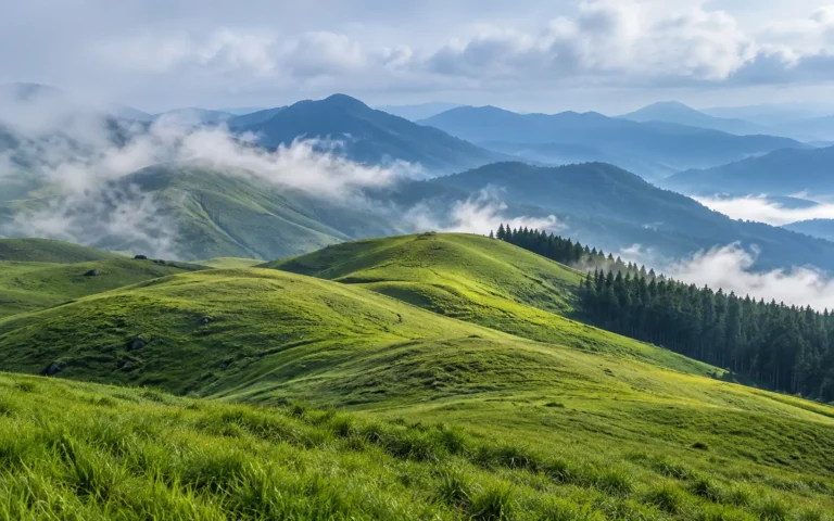 Rolling grass meadows and pine forest in Vagamon