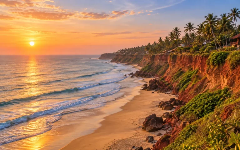 Red laterite cliff above Varkala beach at sunset