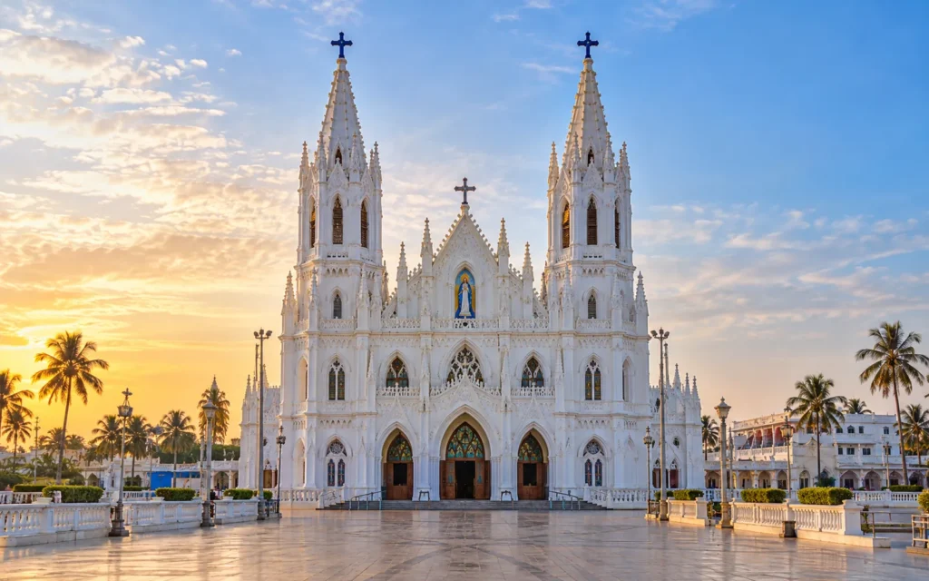White Gothic facade of the Velankanni Basilica
