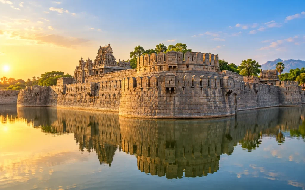 Granite walls and moat of historic Vellore Fort