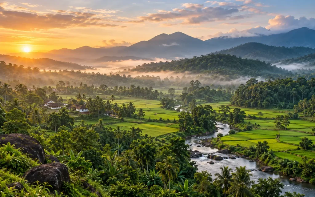 Misty Wayanad valley with paddy fields and forested hills
